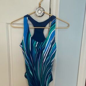 NWT Blue, teal & white Striped One Pieve- perfect for lap swimming or relaxing!